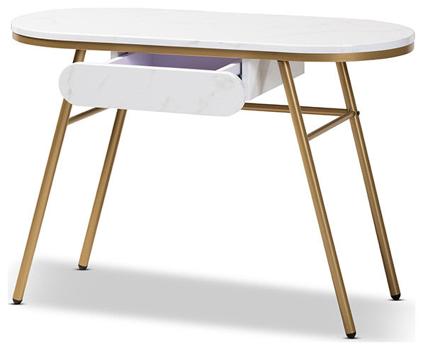 Modern Contemporary Gold Finished Metal Console Table With Faux Marble Tabletop