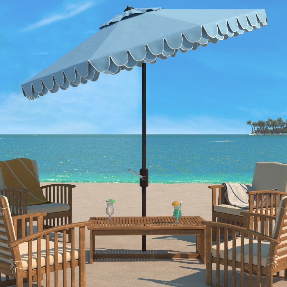 Safavieh Outdoor Elegant Valance 9ft Auto Tilt Umbrella Baby Blue / White