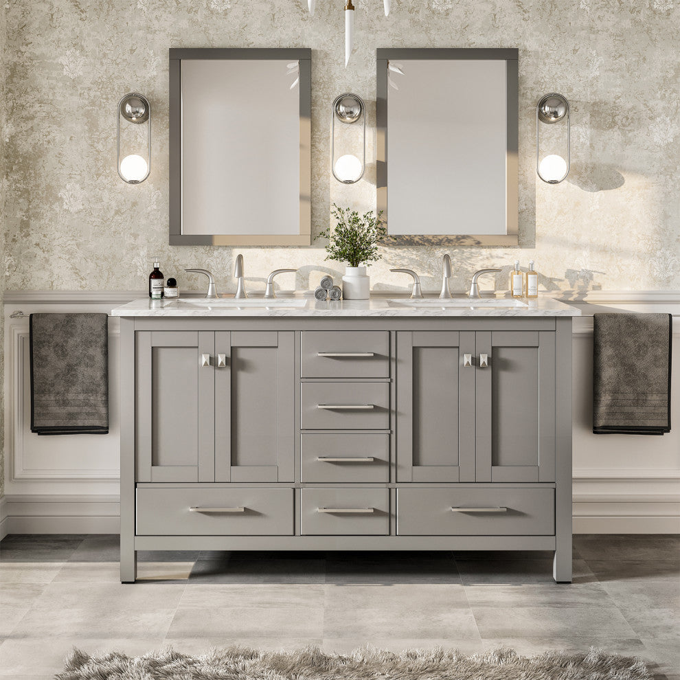 Eviva Aberdeen Gray Transitional Double Sink Vanity With White Carrara Top, 72"