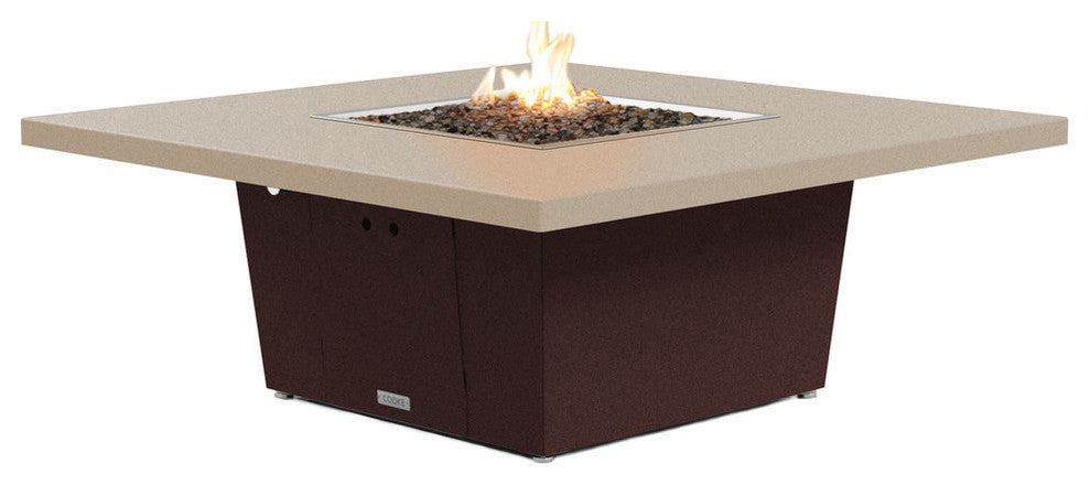 Square Fire Pit Table, 56x56, Natural Gas, Beige Powdercoat Top, Dark Cherry