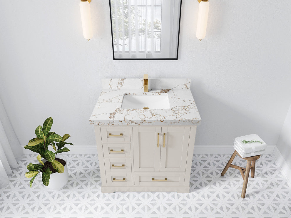 Boston 36" Center Sink Bath Vanity in Fine Grain 2" Viola Gold