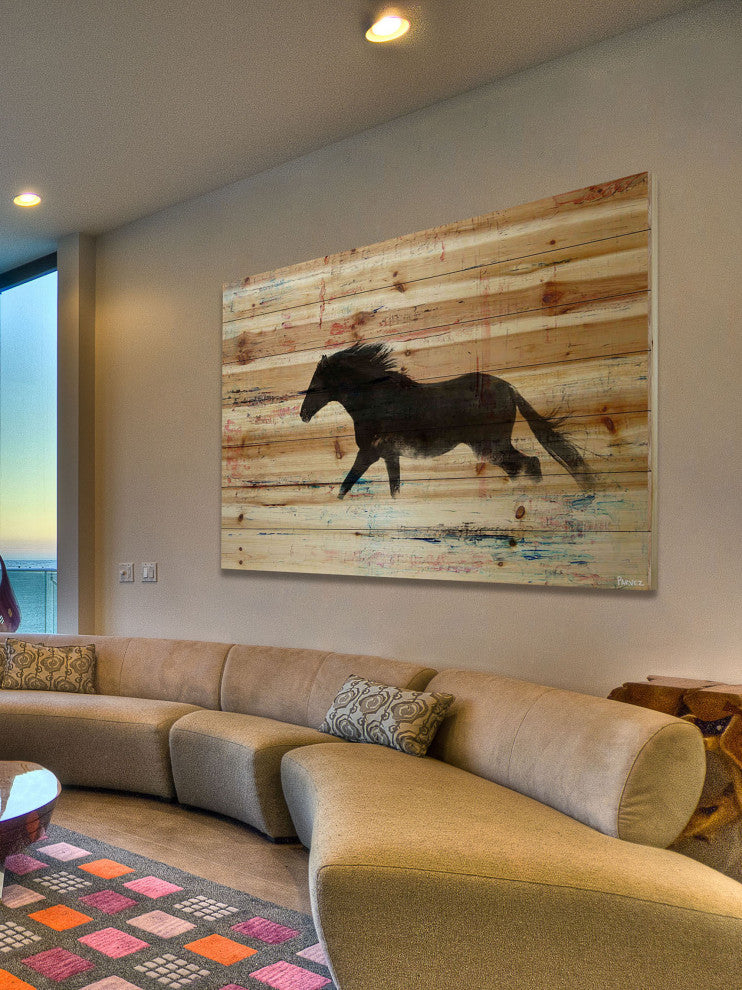 "Black Horse Stride" Painting Print on Natural Pine Wood, 36"x24"