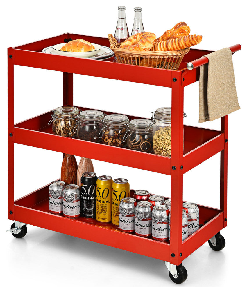 Costway 3-Tier Utility Cart Metal Storage Service Trolley 330lbs Capacity Red
