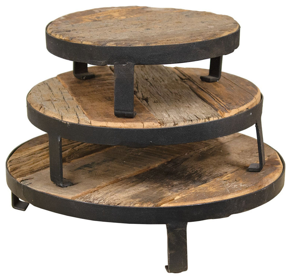 Weathered Wood and Metal Round Risers, Set of 3