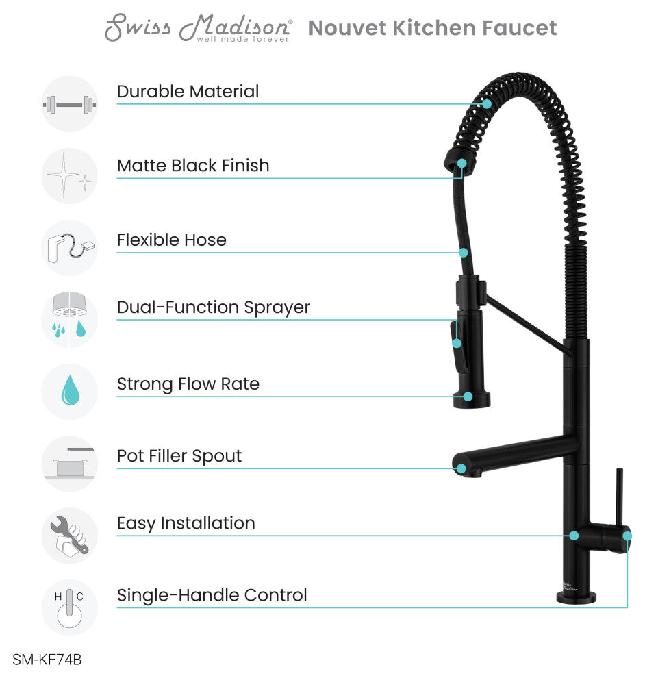 Nouvet Single Handle, Pull-Down Kitchen Faucet With Pot Filler, Matte Black