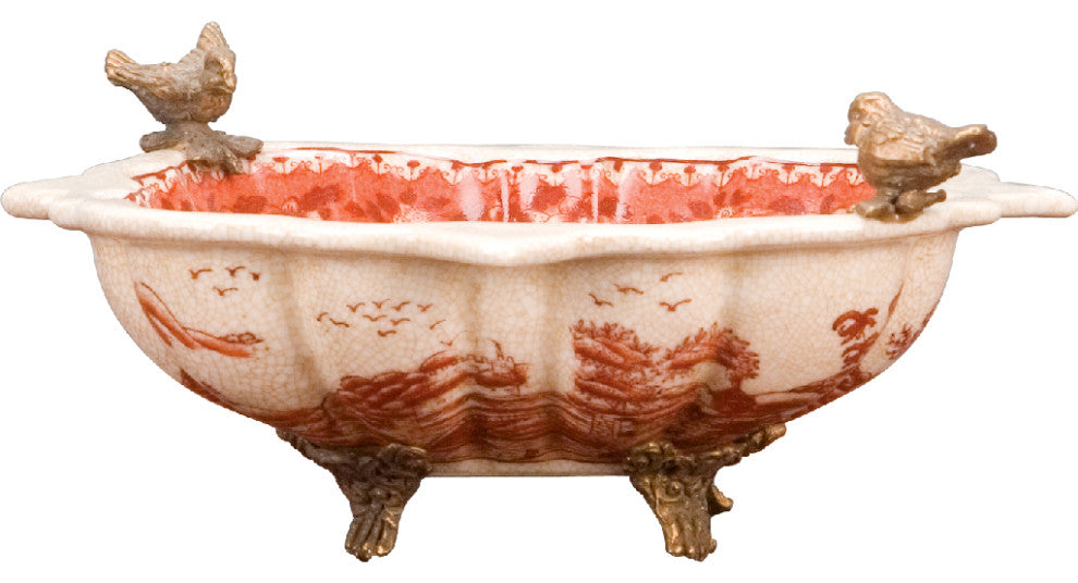 Platter with bronze birds accent- red and white