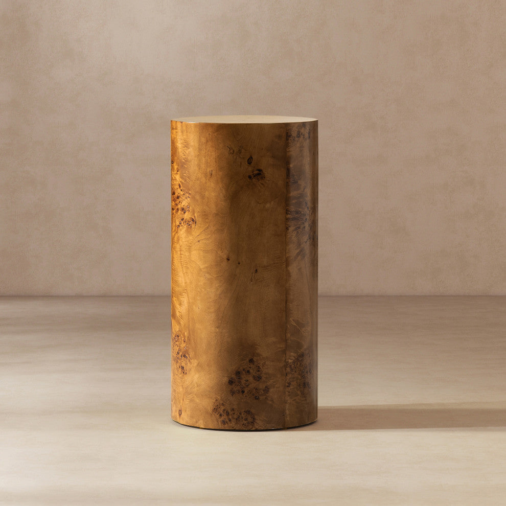 Nebula 29.5" Burl Wood Accent Pillar Side Table, Medium Brown Walnut
