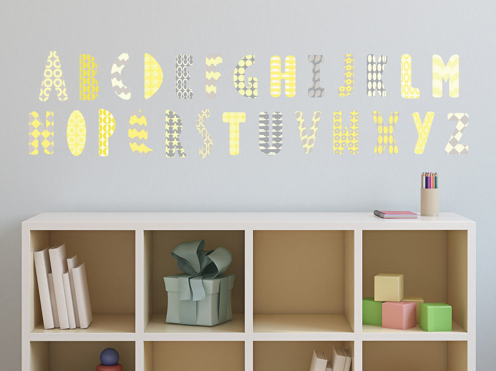 Modern Alphabet Fabric Wall Decals in Yellow, Grey, White