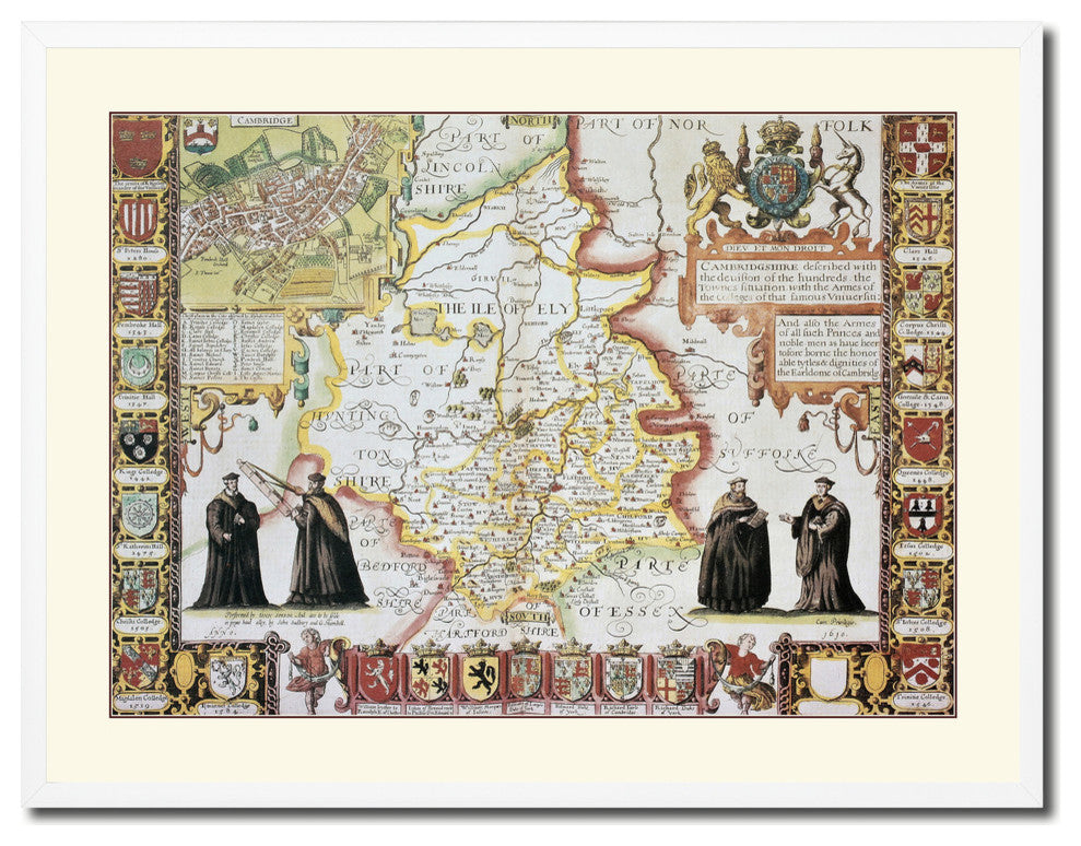 Cambridge Shire Vintage Old Map Print On Canvas With Picture Frame 28" X 37"