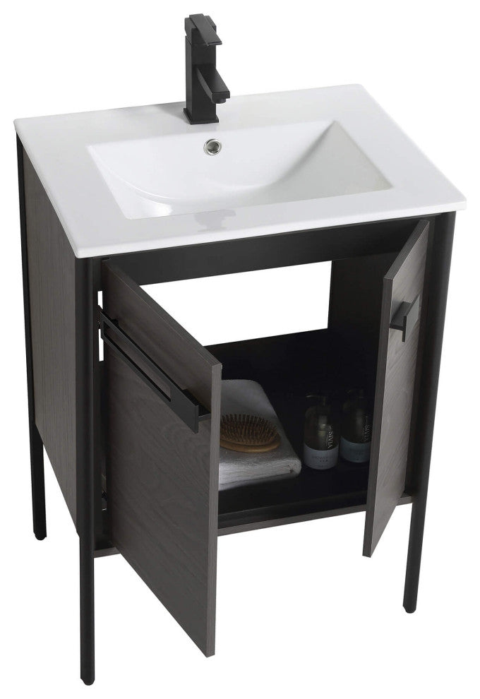 Oakville Bath Vanity, Ceramic Sink, Black Coal Oak, 24 Inch, Black Hardware