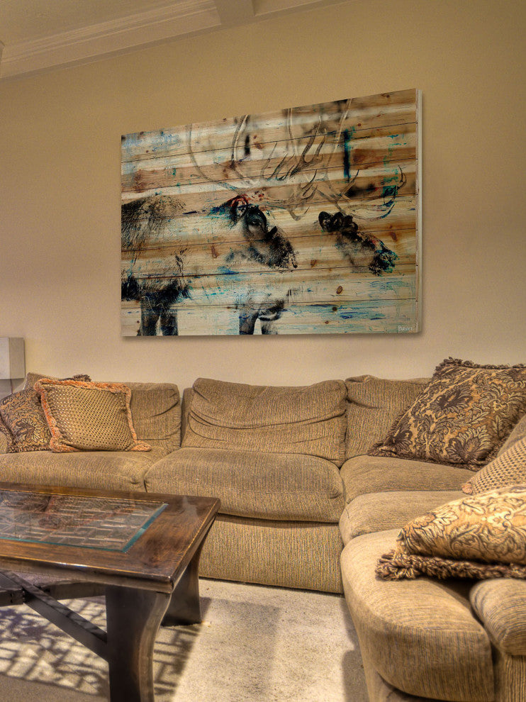 "Conversating Deer" Painting Print on Natural Pine Wood, 60"x40"