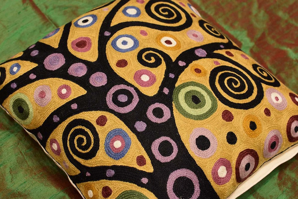 Klimt Tree of Life Yellow Pillow Cover Soulful Hand Embroidered Wool 18x18"