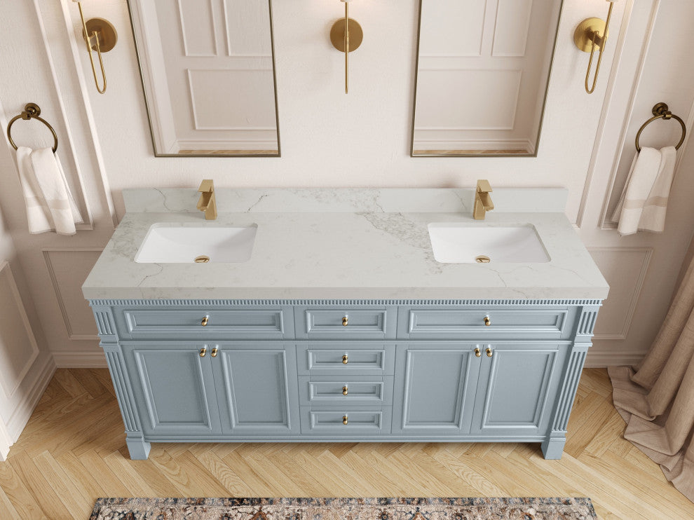 Paris 72" Double Sink Bathroom Vanity, Blue Heather 2" Calacatta Nuvo