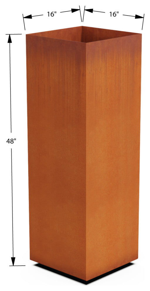 Corten Steel Planter, Tall Cube - 16"lx16"wx48"h