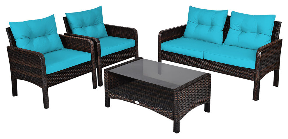 Costway 4PCS Patio Rattan Furniture Set Loveseat Sofa Table Turquoise Cushion