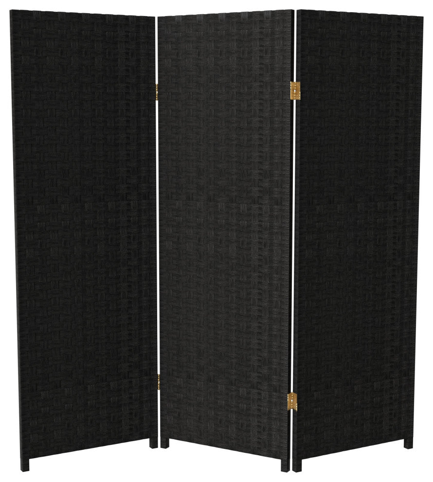 4' Tall Woven Fiber Room Divider, Black, 3 Panel