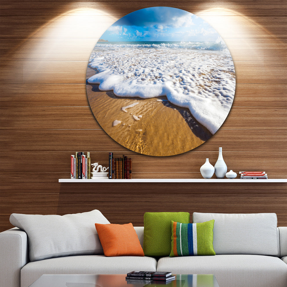 Foaming Ocean Waves On Sand, Seascape Disc Metal Wall Art, 36"