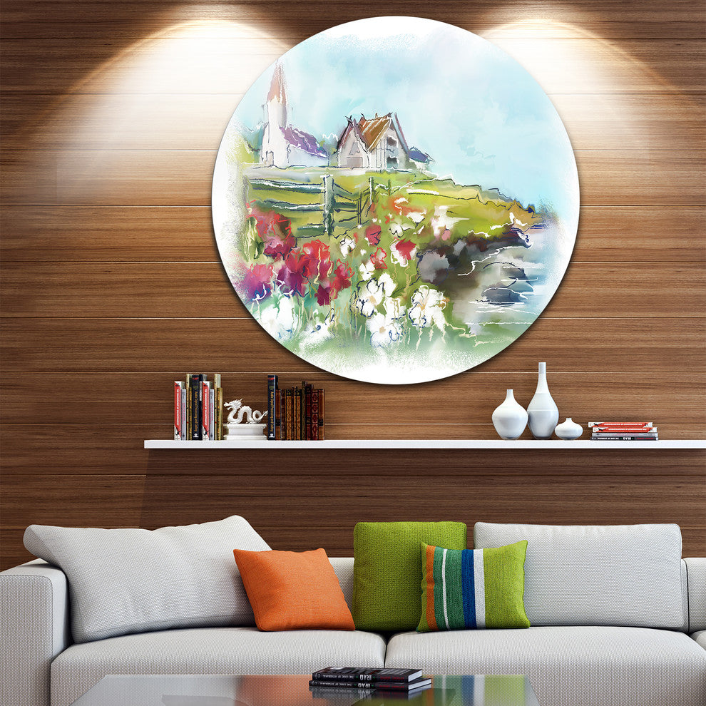 Buildings In Green Meadow, Landscape Painting Round Metal Wall Art, 23"