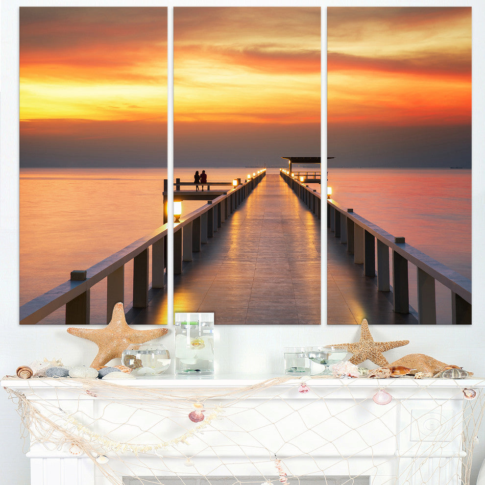 "Yellowish Sky and Long Wooden Bridge" Metal Wall Art, 3 Panels, 36"x28"