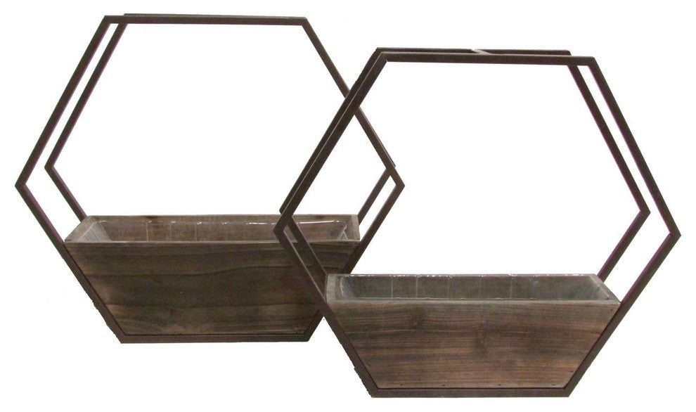 Set Of 2 Hexagon Wood And Metal Framing Wall Hanging Planters W/ Hard Liners