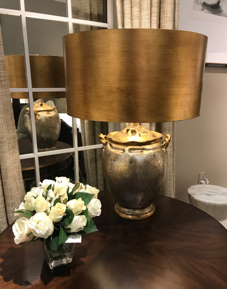 Gold and Antique Silver Large Drum Shade Table Lamp