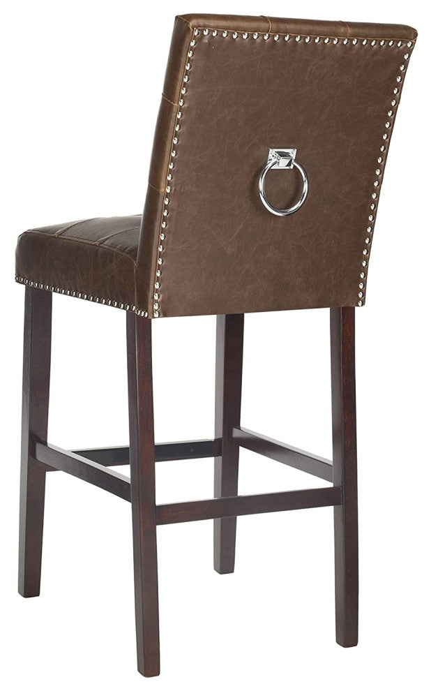 Set of 2 Bar Stool, Brown PU Leather Seat With Square Stitching & Nailhead Trim