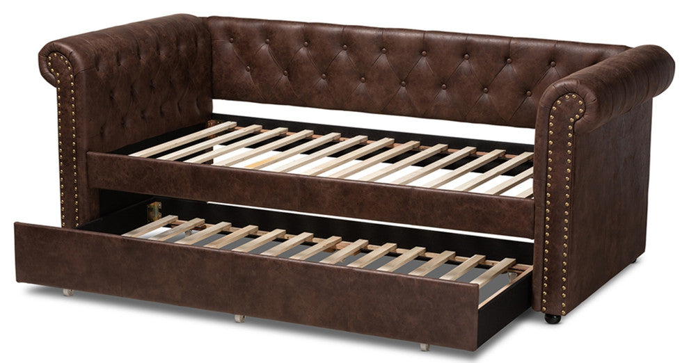 Brown Faux Leather Upholstered Daybed With Trundle