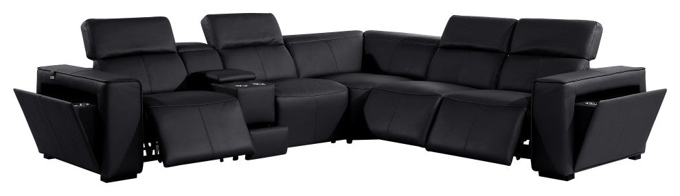 Niccolo Top Grain Italian Leather 6-Piece L-Shaped Power Reclining Sectional, Black