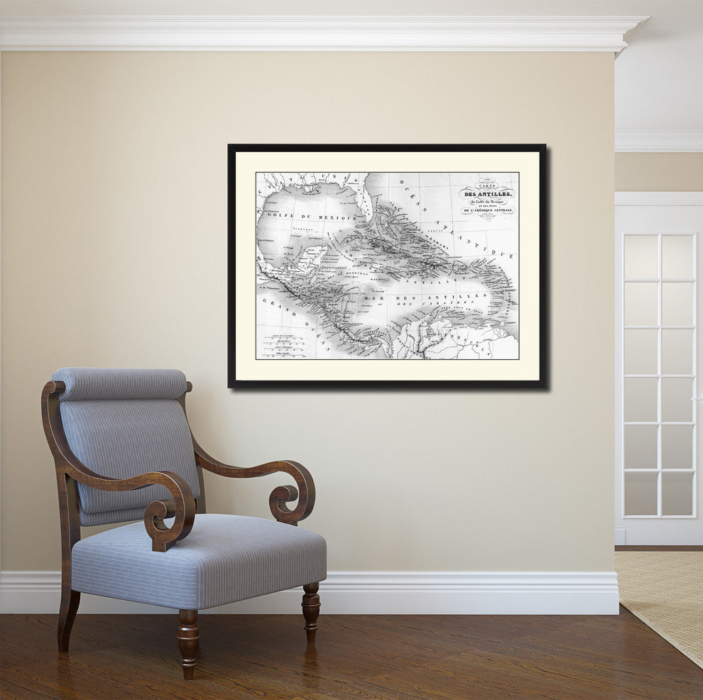 West Indies Caribbean Vintage B&W Map Canvas Print, 28"x37"