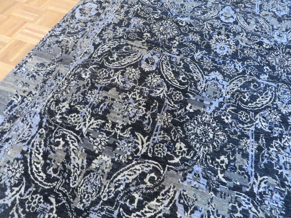 6'4"x10' Hand-Knotted Black Wool and Silk Modern Oriental Rug