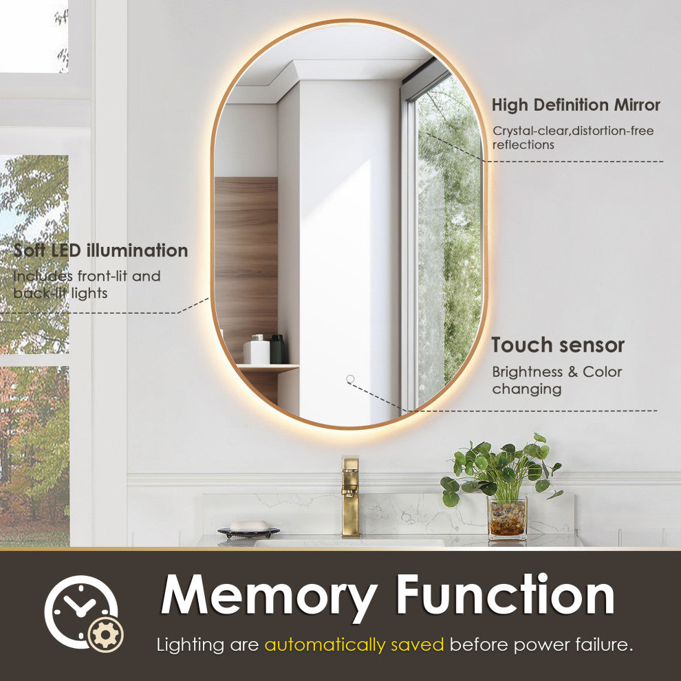 Mizani Oval Framed Bathroom/Vanity LED Lighted Wall Mirror, Brushed Copper, 24"