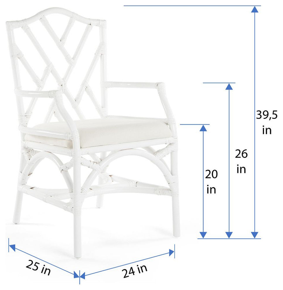 Rattan Chippendale Upholstered Dining Armchair, Set of 2, White