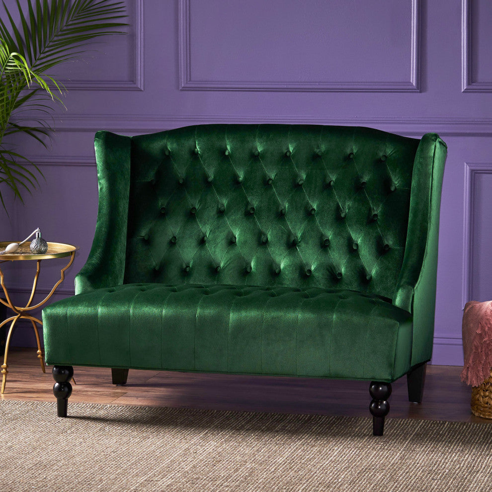 GDF Studio Leah Traditional Tufted High Winged Back New Velvet Loveseat, Emerald