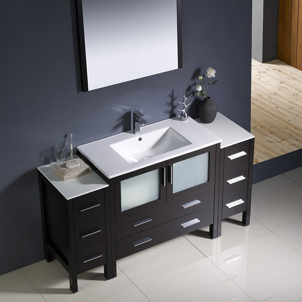 Torino 60" Espresso Modern Bathroom Vanity With 2 Side Cabinets, FFT3071BN