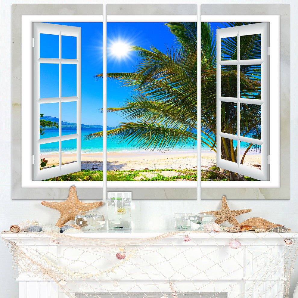 "Window Open to Beach With Palm" Metal Wall Art, 3 Panels, 36"x28"