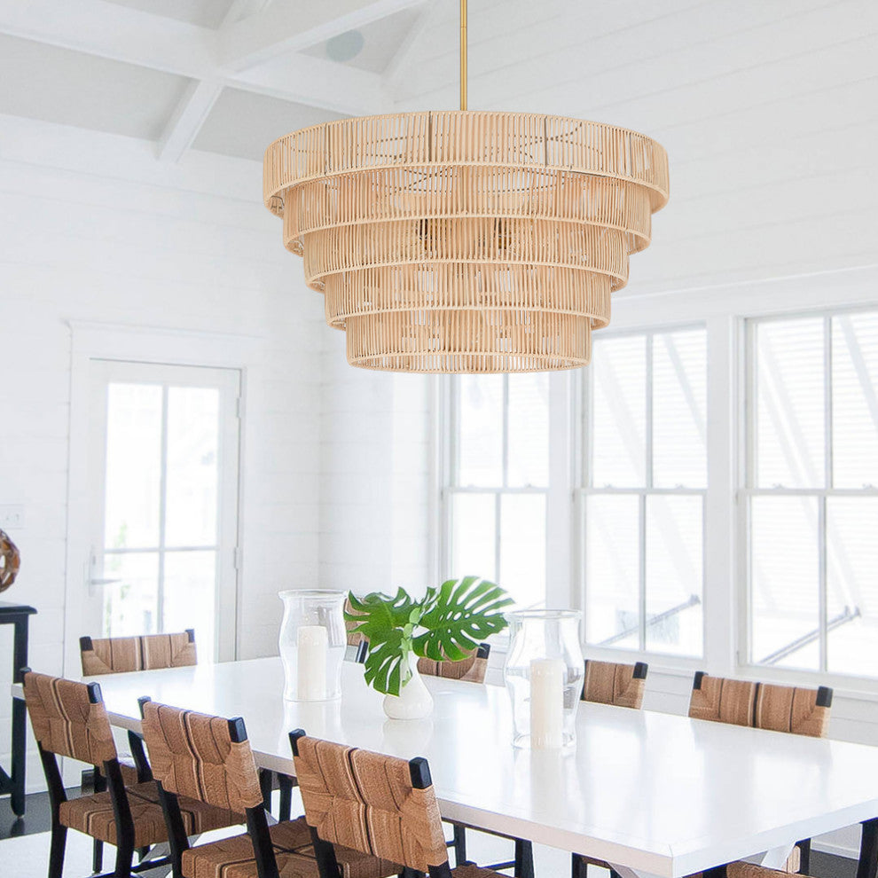 26" W 5-Light Brass Modern Bohemian Chandelier With Tiered Rattan Shade
