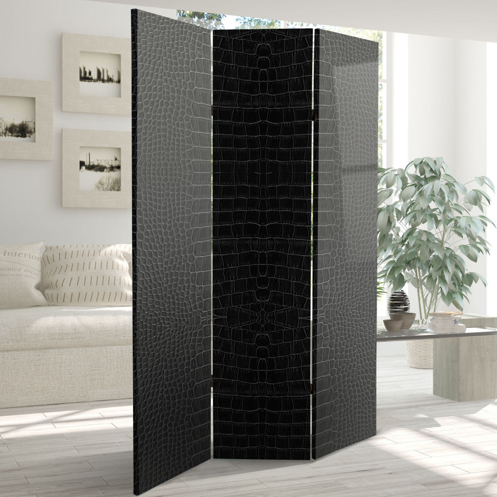 6' Tall Double Sided Black Crocodile Print Canvas Room Divider