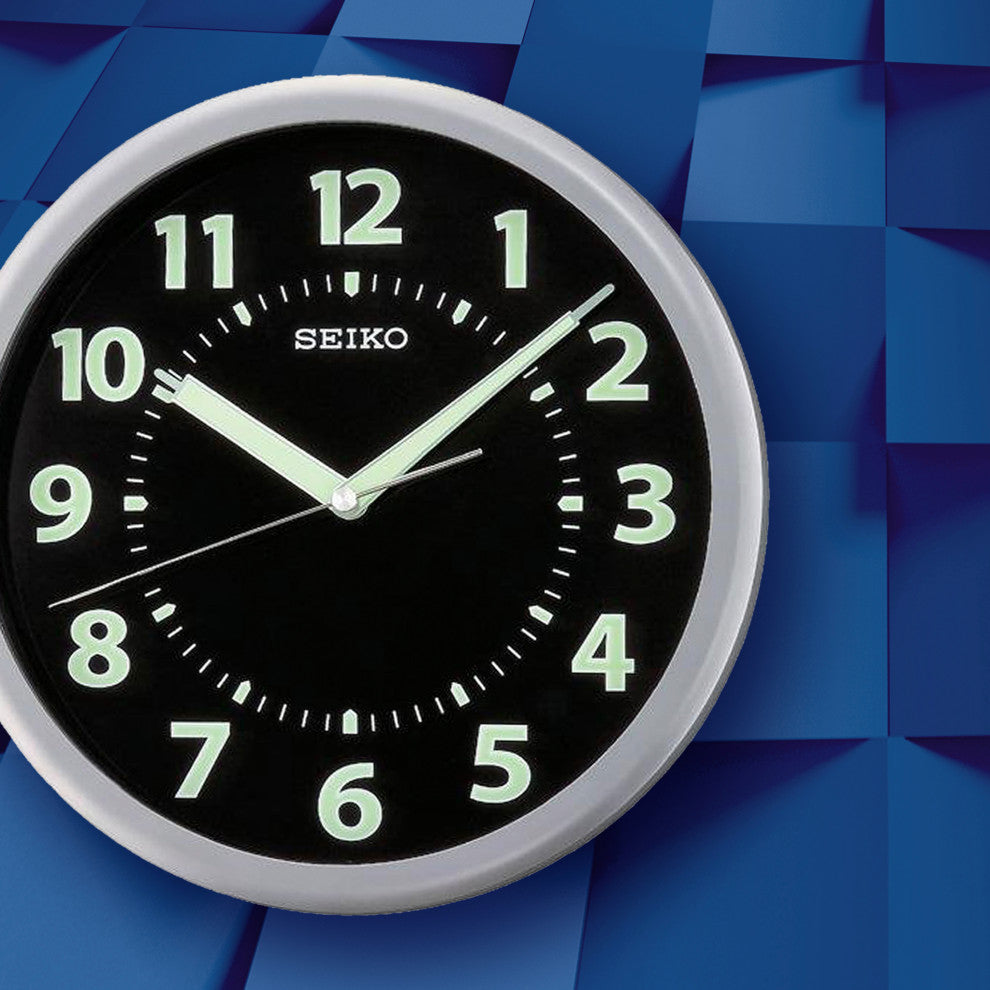 Seiko Clocks, 10" Black Wall Clock With Luminous Glow-In-The-Dark Hands