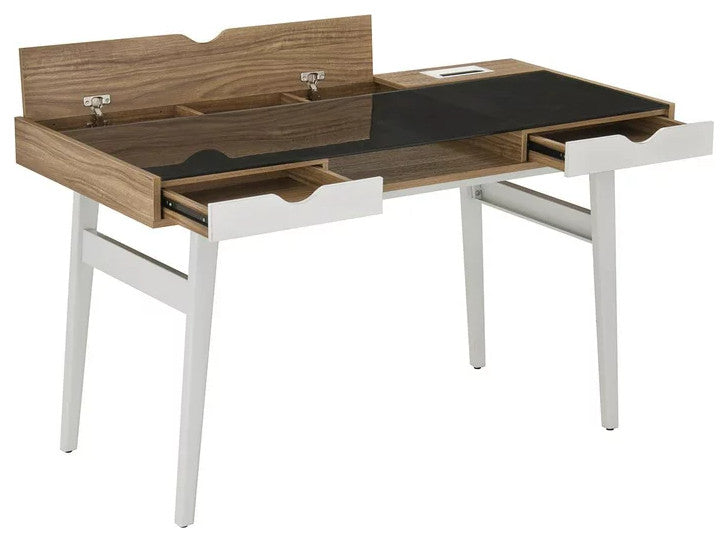Unique Desk, Tempered Glass Worktop & Flip Up Back for Cable Management, Walnut