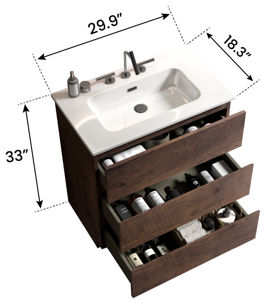Freestanding Bathroom Vanity Set with White Ceramic Sink Basin, Walnut, 30"
