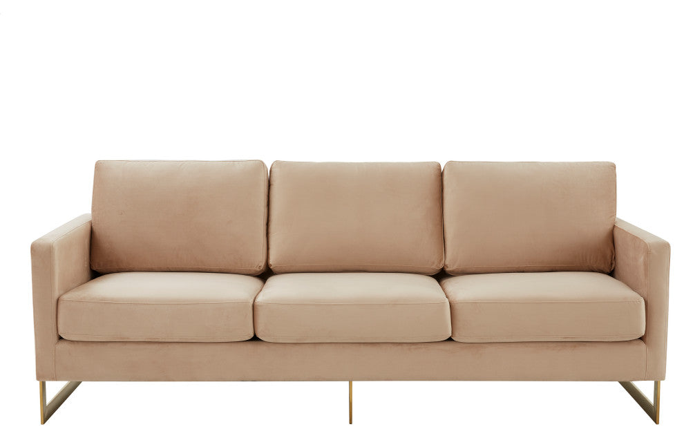 LeisureMod Lincoln Modern Velvet Sofa With Gold Frame, Beige