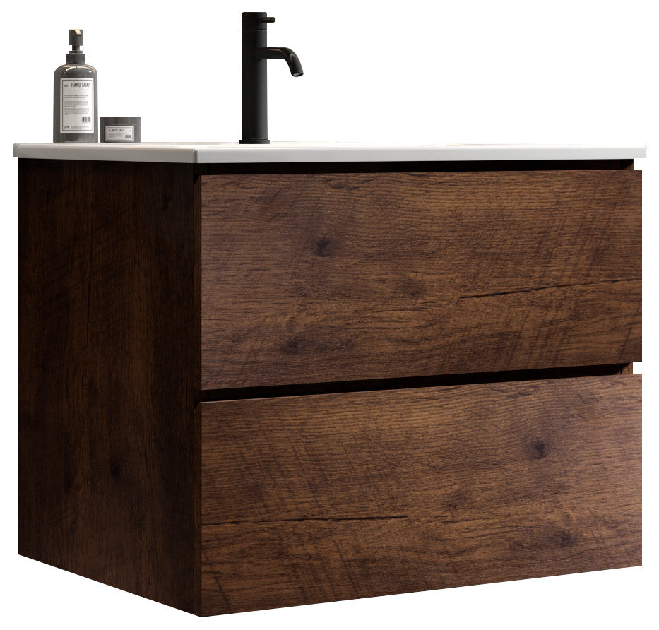 Wall-Mounted Bathroom Vanity Set with Ceramic Sink with one faucet hole, Walnut