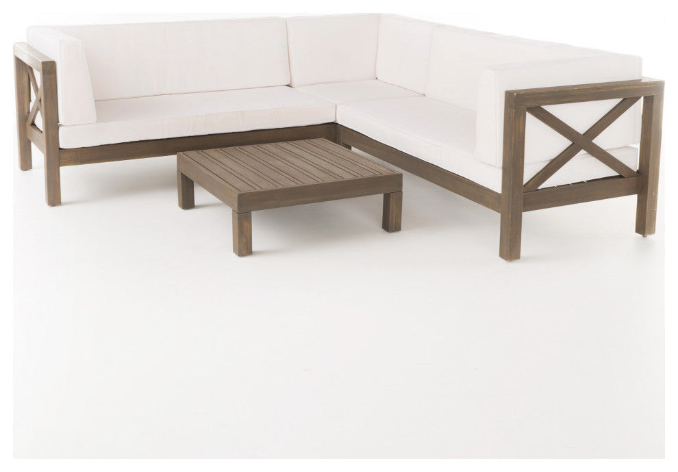 GDF Studio Brava Outdoor 4 Piece V-Shaped Acacia Wood Sectional Sofa Set, White