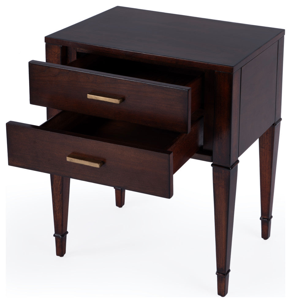 Kai 2 Drawer Burl Wood End Table, Cherry Brown