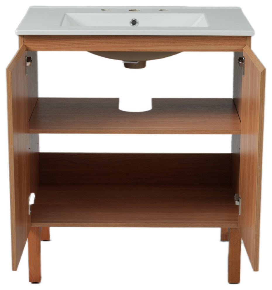 GDF Studio 30" Bathroom Vanity With Ceramic Sink & Free-Handle Doors, Natural