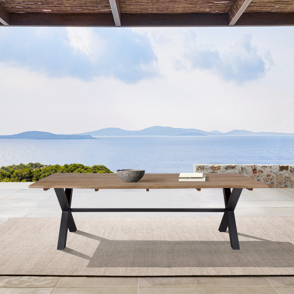 Glendora Outdoor Patio Live Edge Dining Table Eucalyptus Wood Black Metal Base