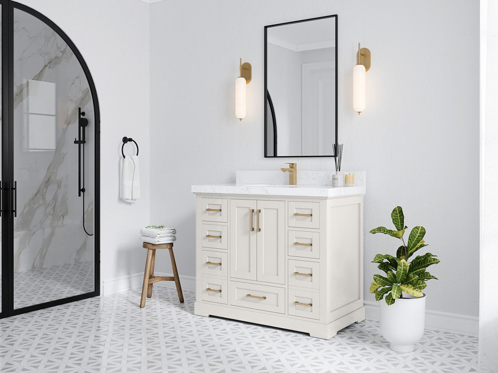 Boston 42" Single Sink Bath Vanity in Alabaster 2" Viola Gold