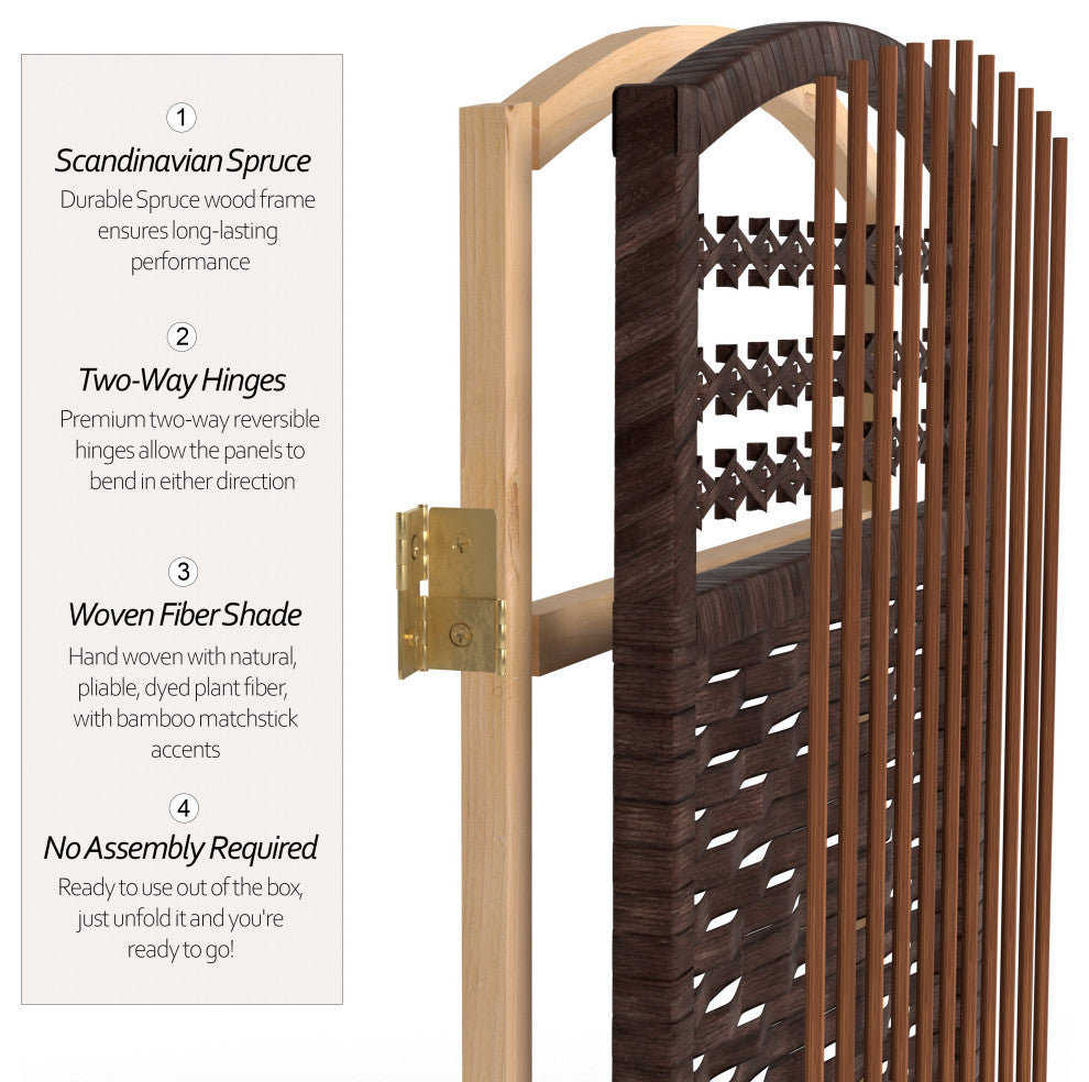 4' Tall Fiber Weave Room Divider, Dark Mocha, 6 Panels