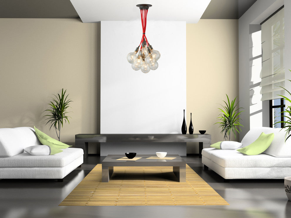 Red Pendant Light Chandelier With 14 Modern Pendant Lights and Globe Bulbs