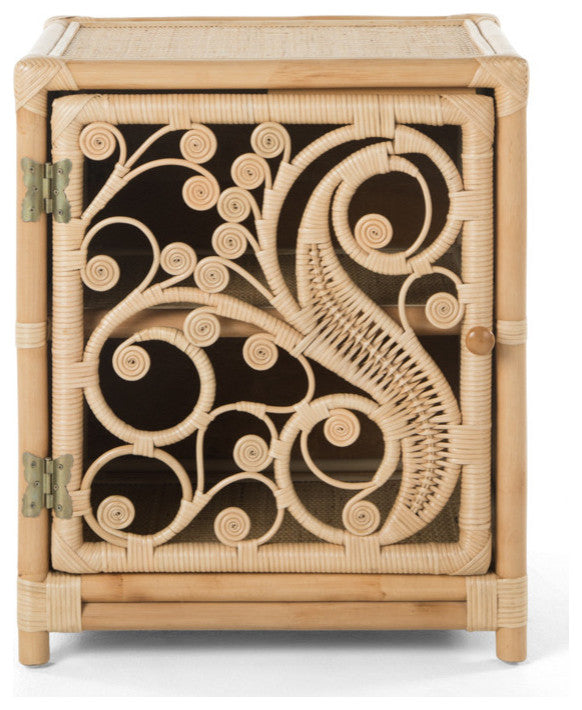 Rattan Peacock Nightstand, 1-Door, Opening Right, Natural